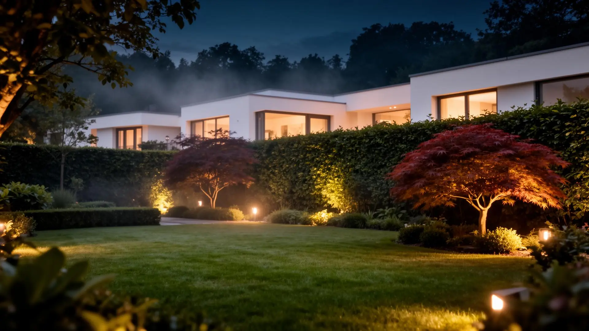 Modern gestalteter Garten in der Abenddämmerung