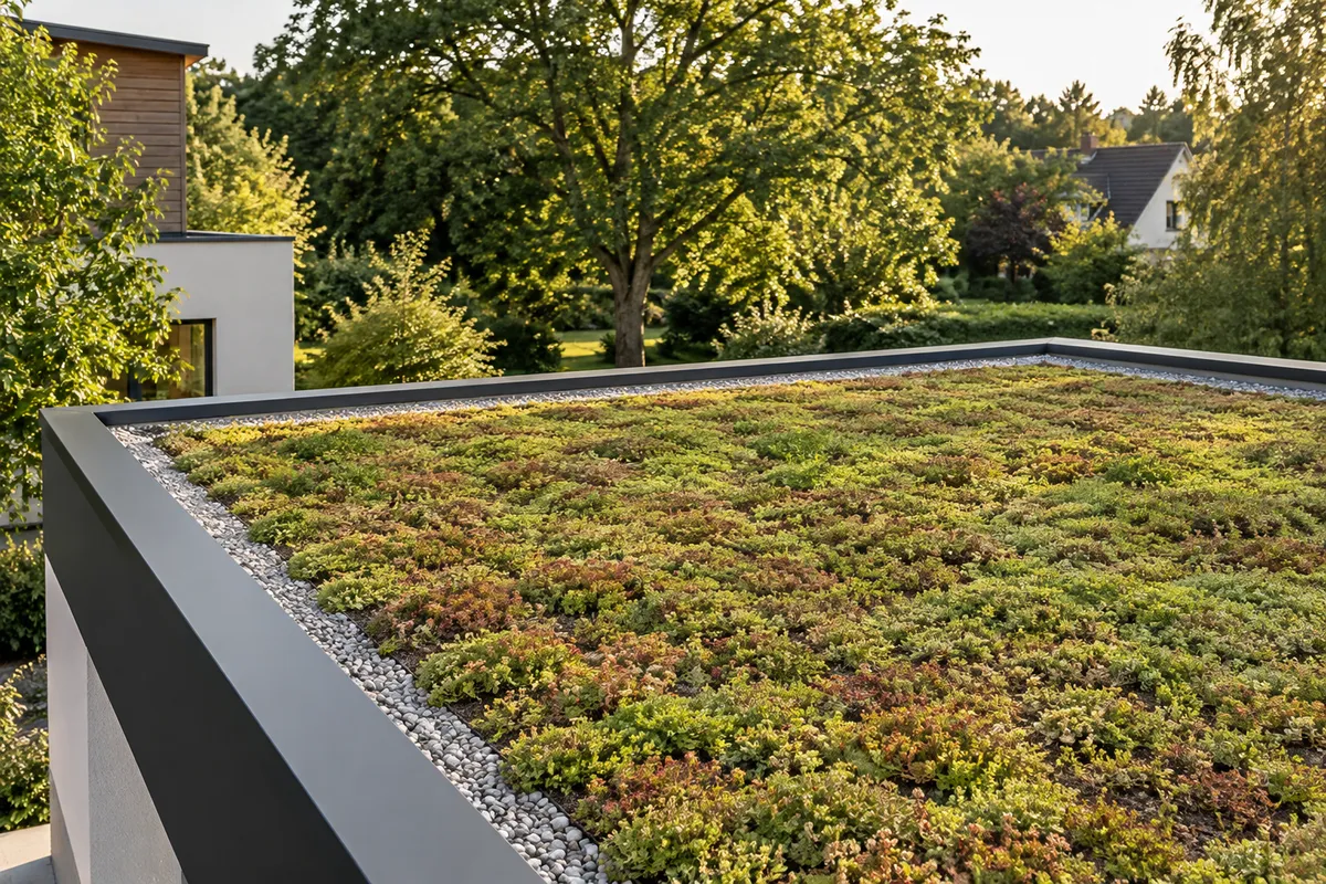 KI-Visualisierung eines begrünten Flachdachs mit Sedum und umlaufendem Kiesstreifen.