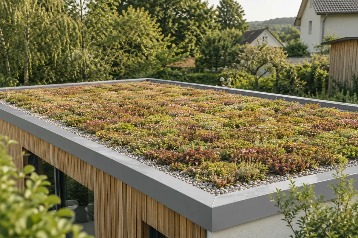 KI-Visualisierung einer Sedum-Dachbegrünung auf einem modernen Flachdach mit Kiesrand.