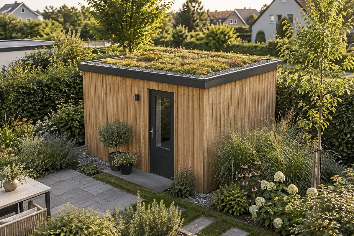 KI-Visualisierung eines Gartenhauses mit Holzfassade und begrüntem Sedumdach.