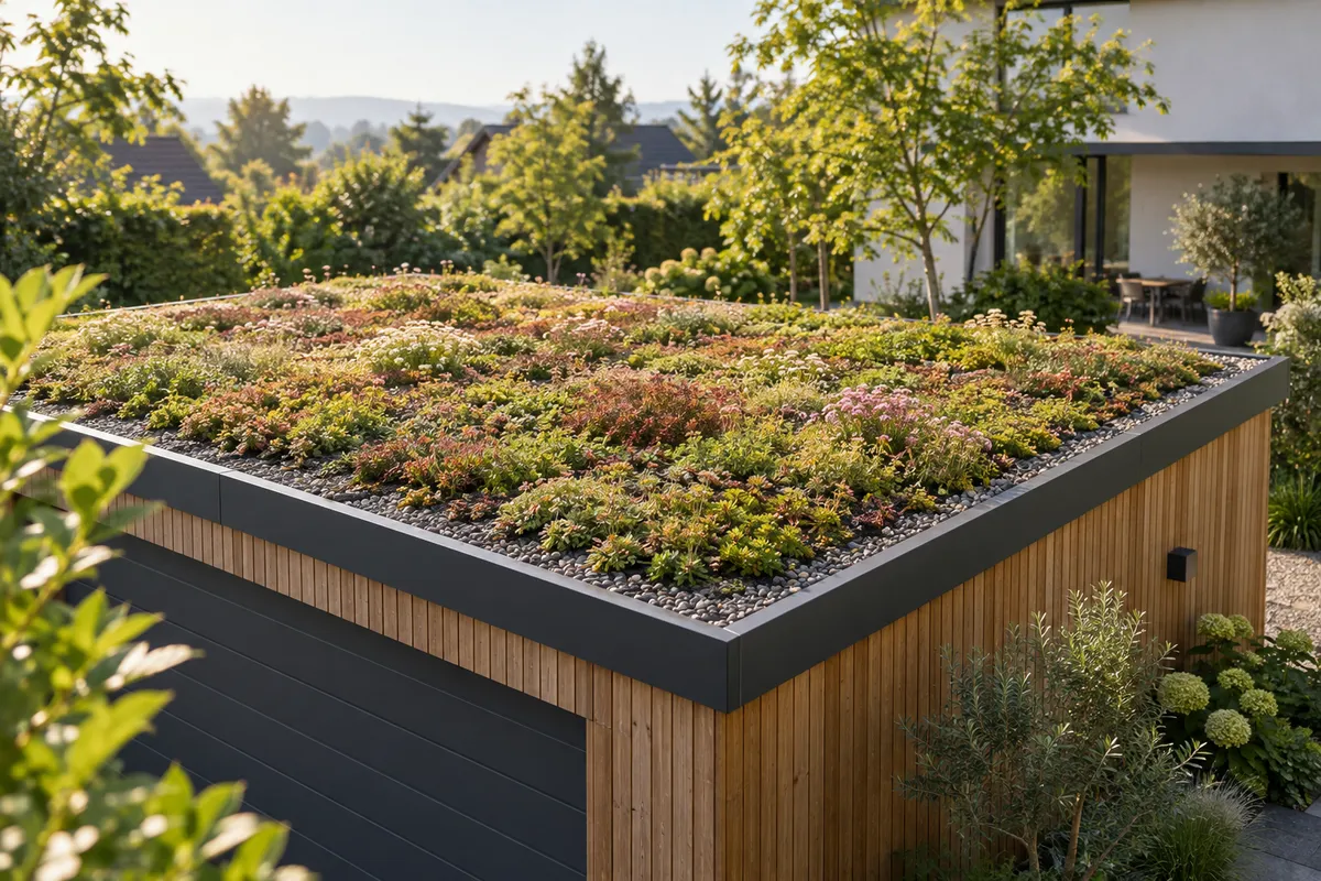 KI-Illustration einer Garage mit blühender Sedum-Dachbegrünung, Kiesrand und Holzfassade.