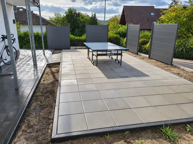 Terrasse mit großformatigem Plattenbelag und anthrazitfarbenem Sichtschutz