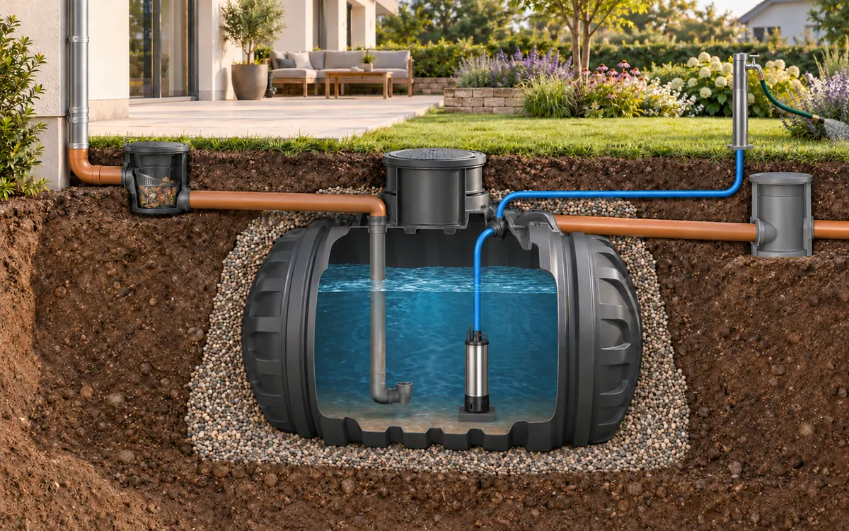 KI-Schnittillustration: Regenwasserzisterne mit Filter, beruhigtem Zulauf und Tauchpumpe, deren Druckleitung einen Gartenhahn mit Bewässerungsschlauch versorgt